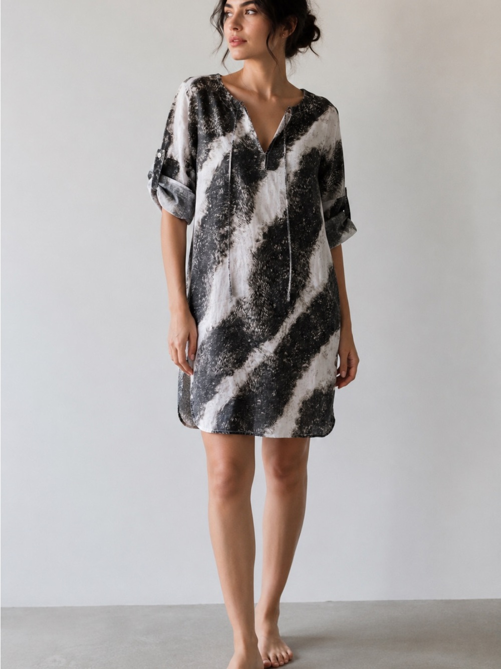 Maria Solé Linen Shift Dress Abstract Print Tie Neck Dolman Sleeve S